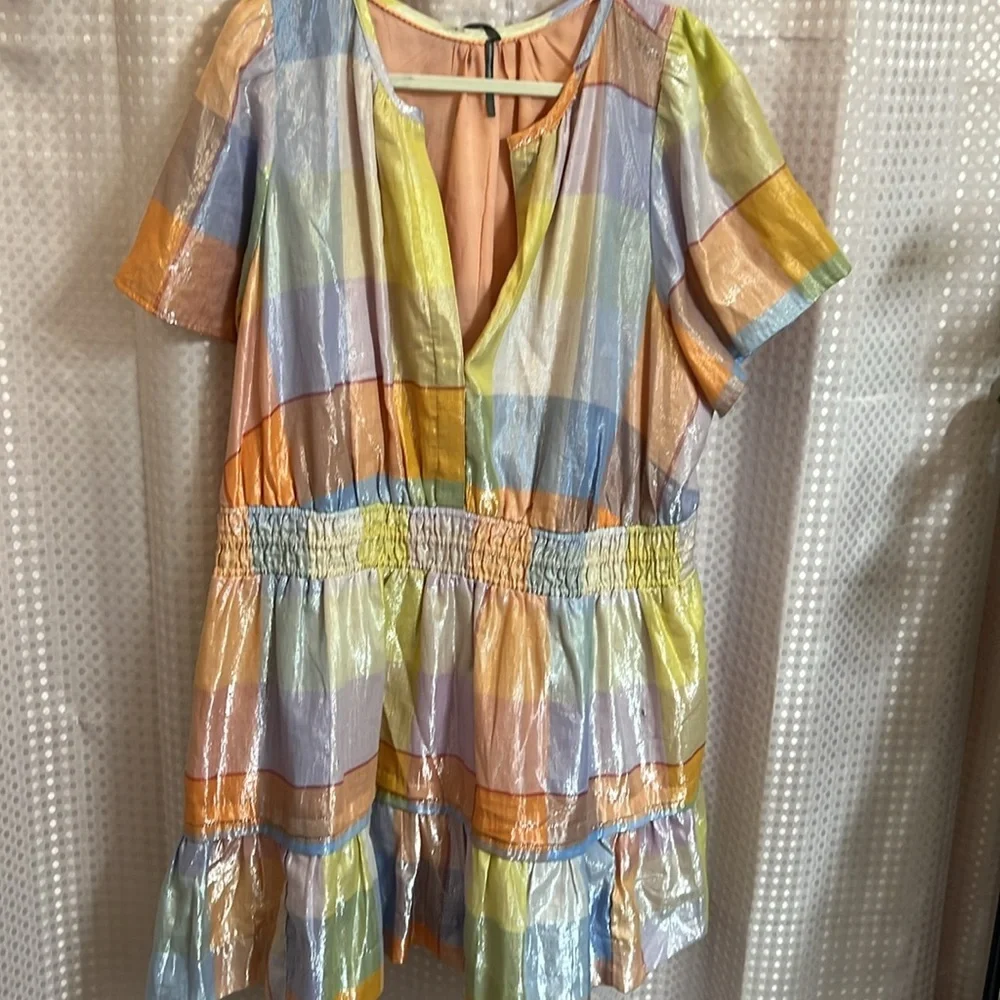 Anthropologie Pastel Stripe Mini Dress in Peach, Yellow & Blue - Picture 5 of 13
